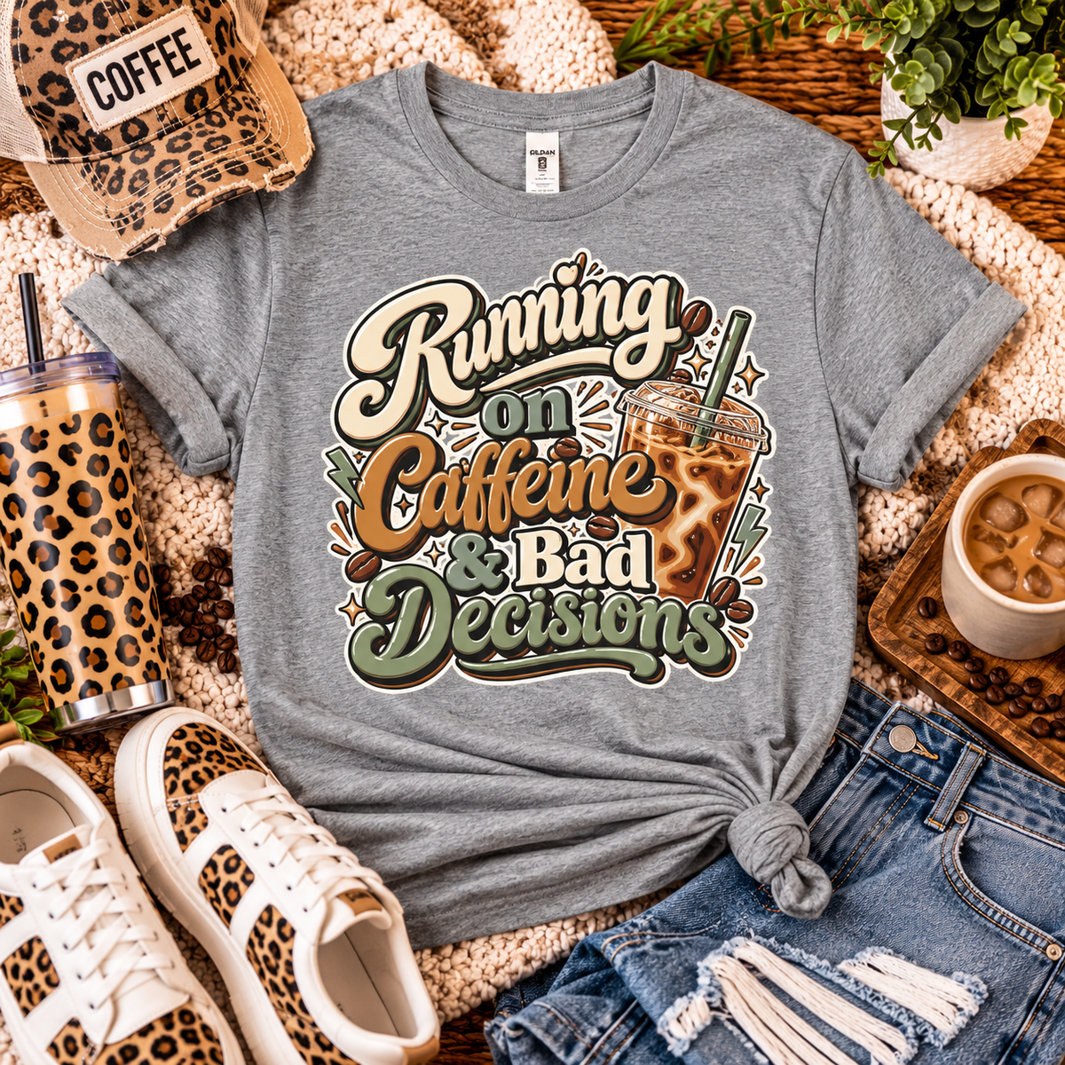 Running on Caffeine & Bad Decisions | Funny Coffee Graphic Tee