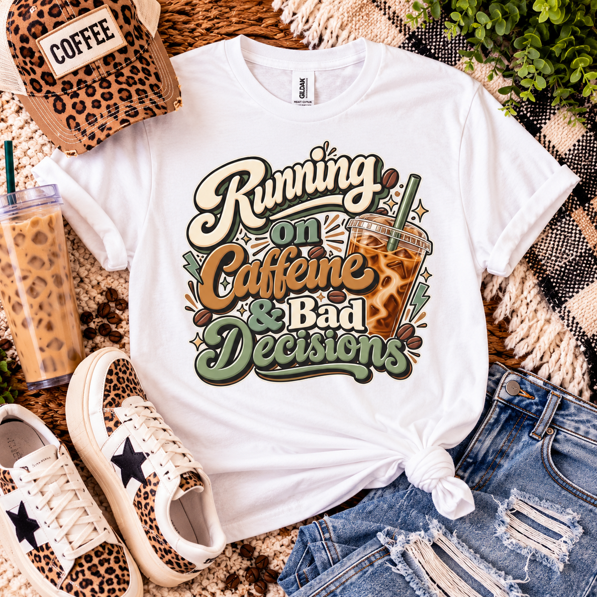 Running on Caffeine & Bad Decisions | Funny Coffee Graphic Tee